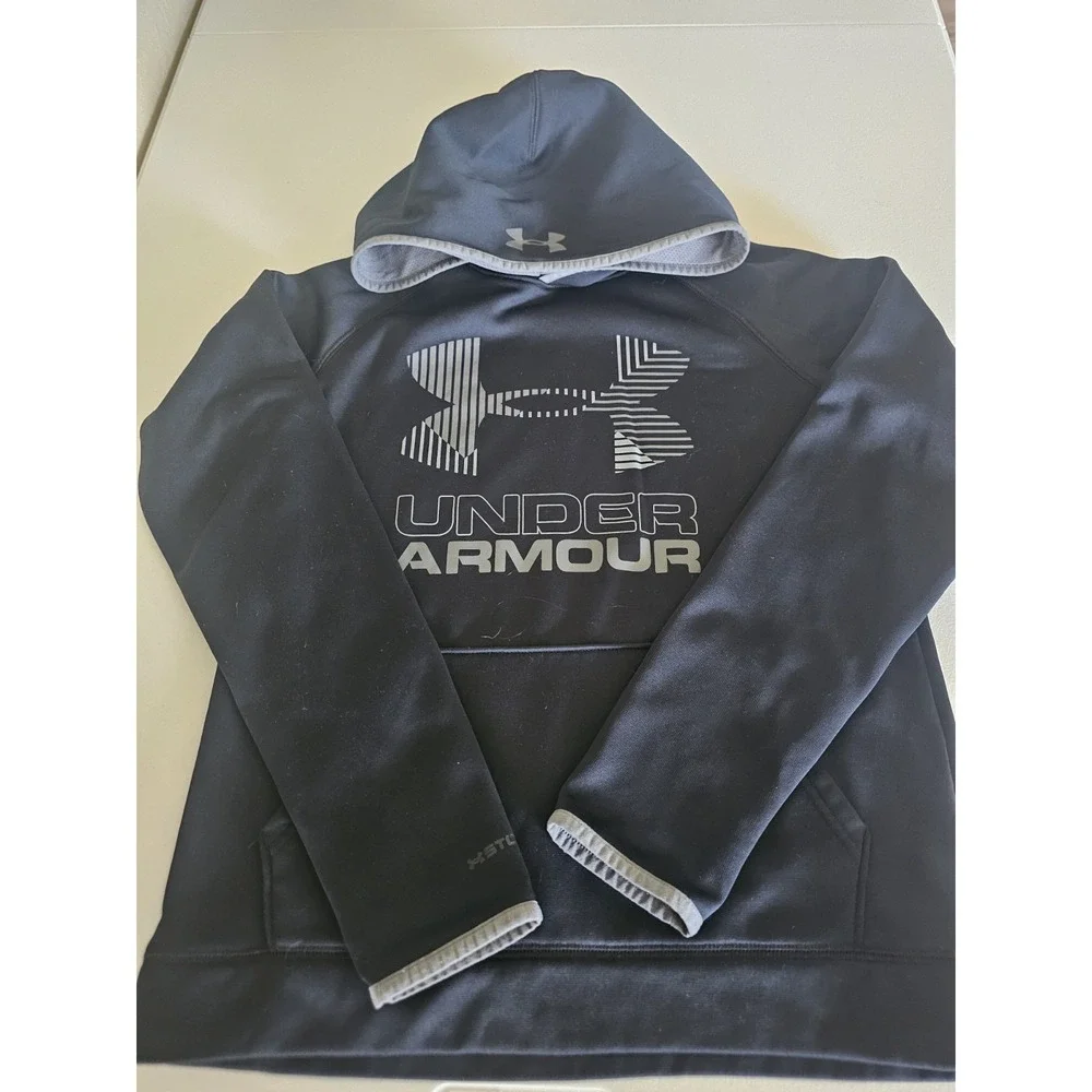 Under Armour Youth LG Hoodie‎ Black Gray Logo Athletic Pullover Sweatshirt